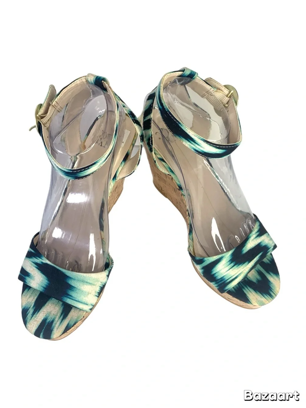 New York & Company Blue Green Abstract Print Cork Wedge Sandals Women’s Size 9